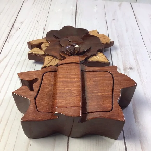 Hand Carved Multi Tone Wood Rose Puzzle Trinket Box - Picture 9 of 9